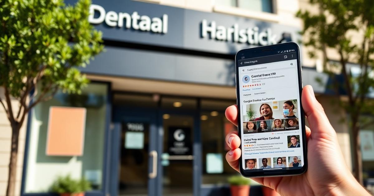 Map pin and search results showing a dental practice ranking locally for full-arch implants.