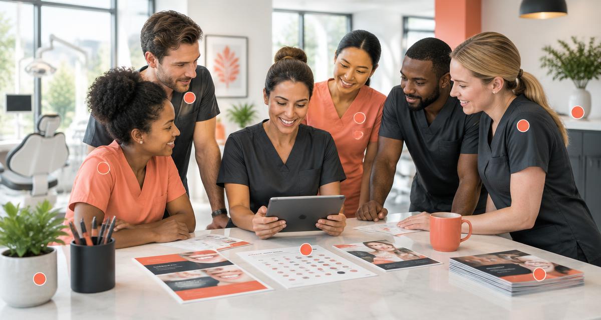 Dental practice team planning a seven-touch membership plan marketing campaign
