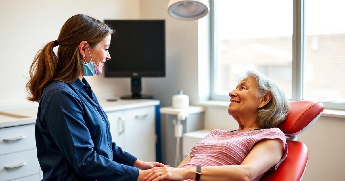 Treatment coordinator presenting a full-arch implant case plan to a patient in a consult room.