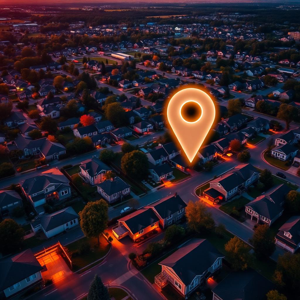 Aerial view of a neighborhood with a map pin marking a local dental practice
