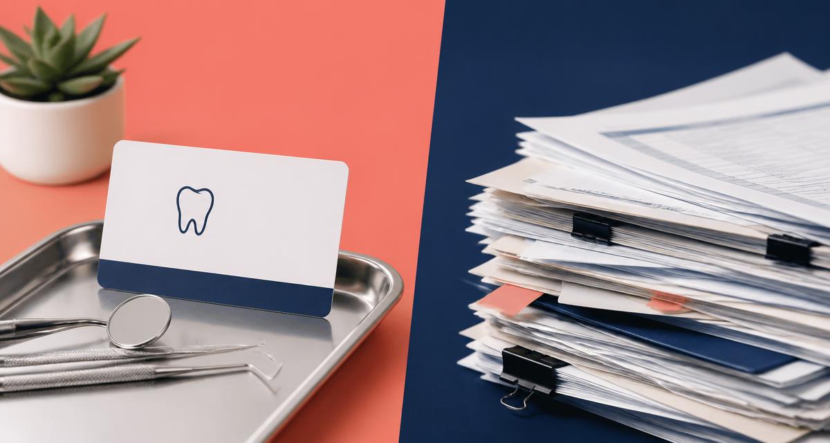 Simple dental membership card on a tray compared to a stack of insurance paperwork