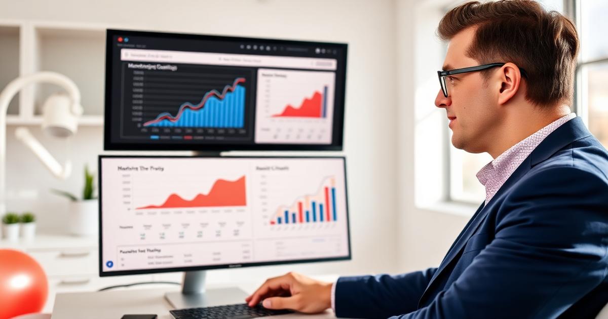 Practice owner reviewing a full-arch marketing growth dashboard in a modern dental office.