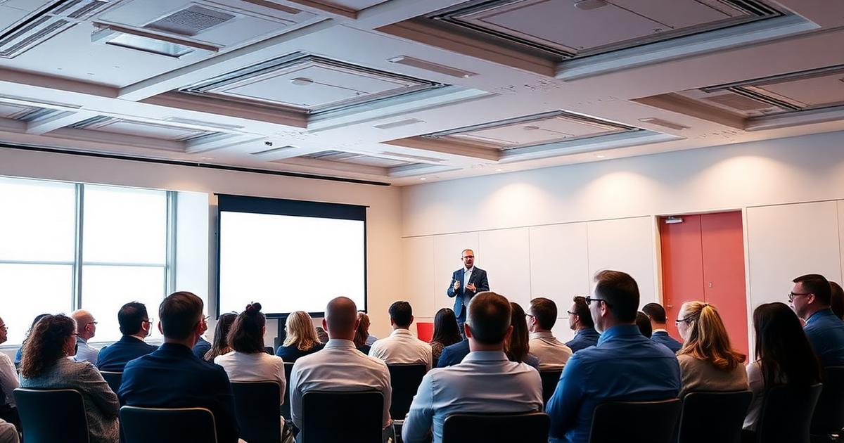 Dentist presenting a full-arch implant seminar to a small group of interested attendees.